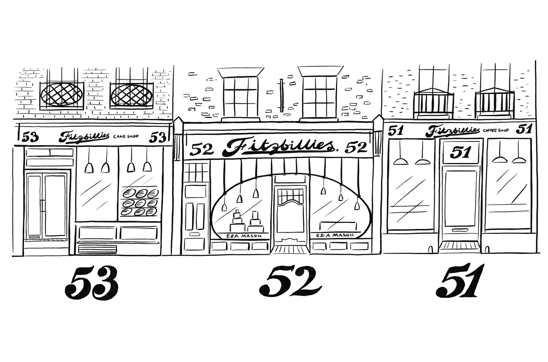 Illustration of the 3 doors of Fitzbillies Trumpington Street branch
