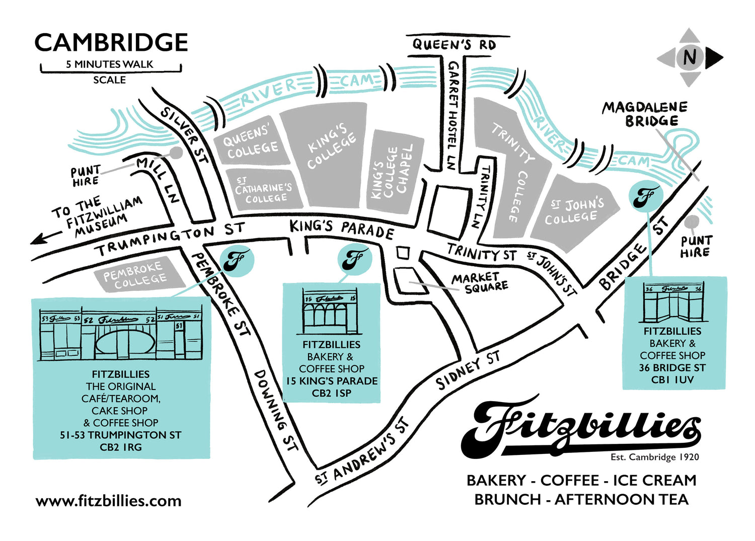 Illustrated map of all Fitzbillies central Cambridge branches
