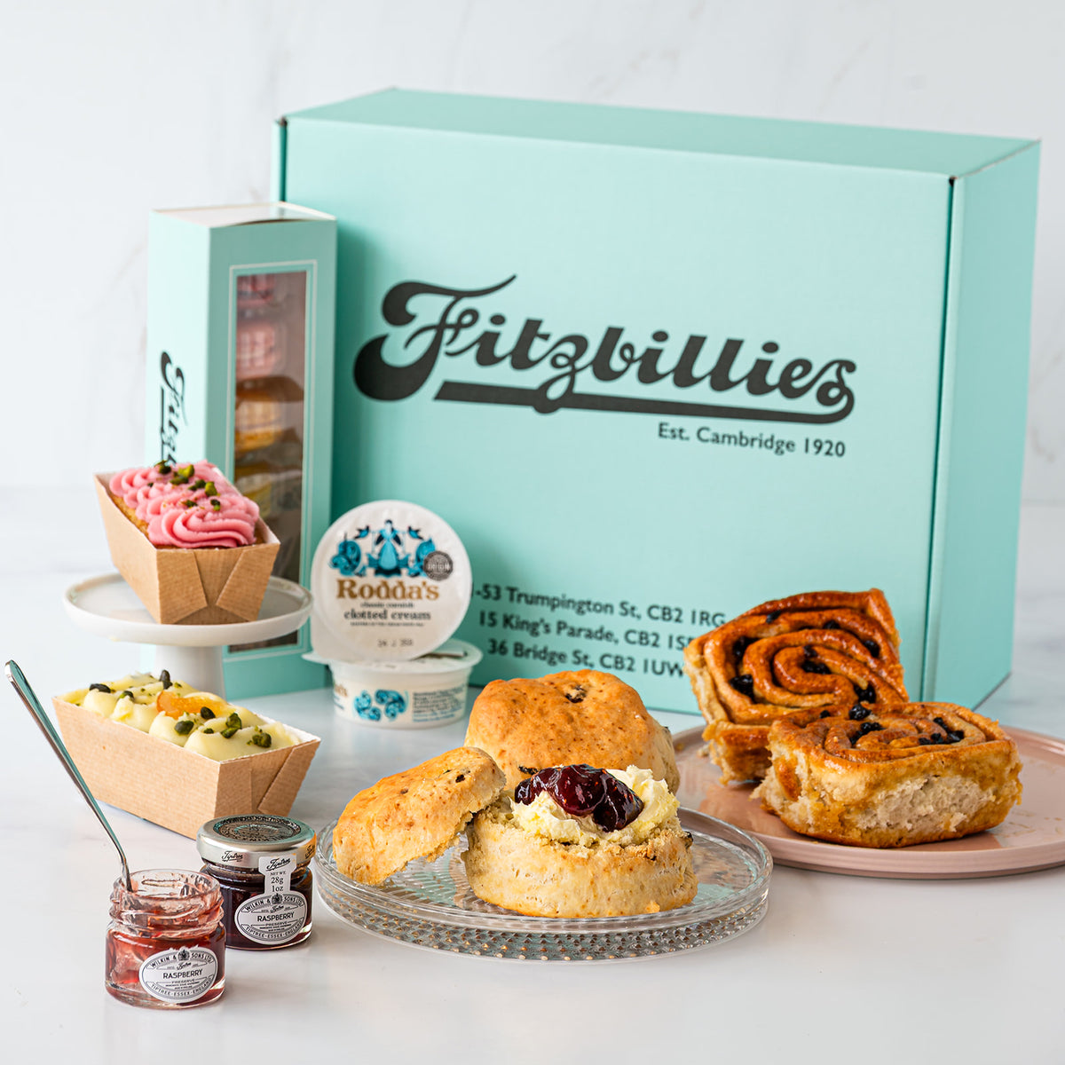 Fitzbillies pastries and treats with a branded box in the background