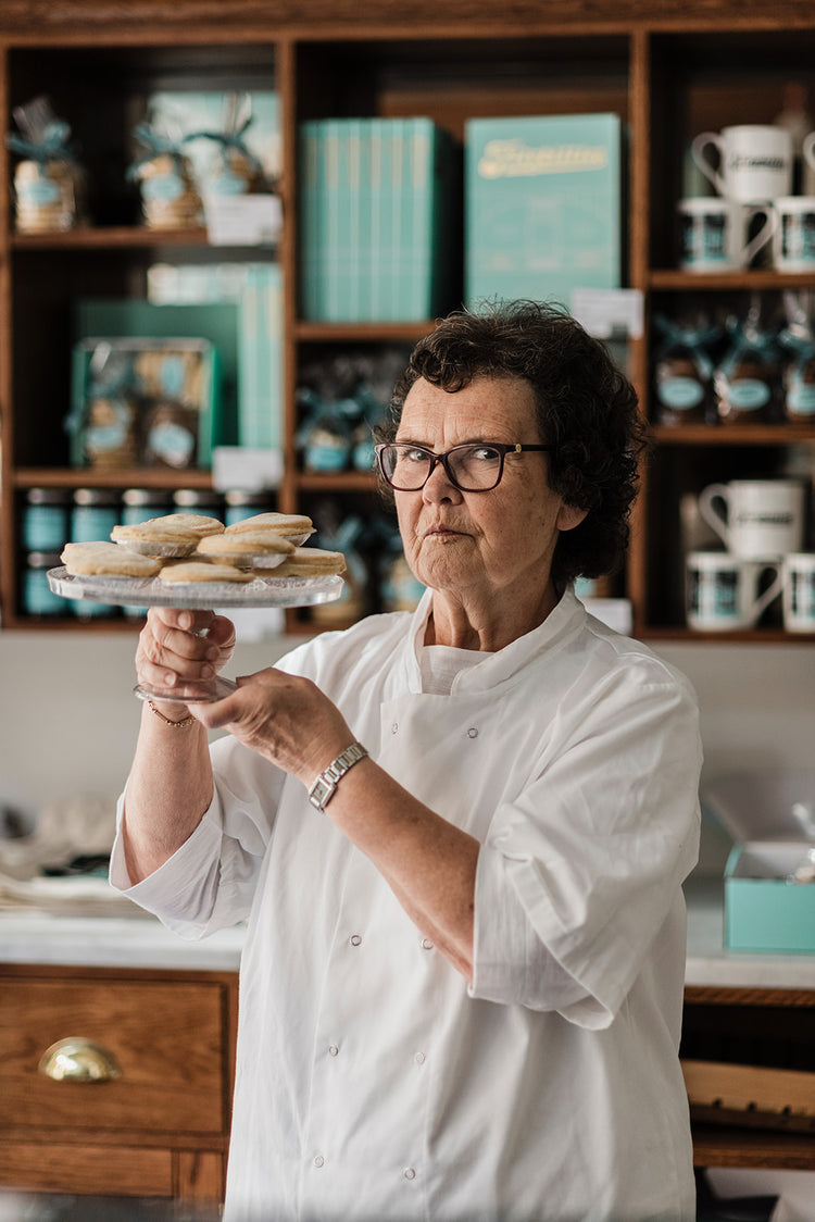 Fitzbillies head baker Gill with plate of mince pies